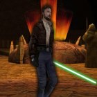 Digital artwork: Bearded man with green lightsaber in volcanic scene