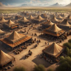 Ancient marketplace scene with tents, merchants, and shoppers in desert landscape