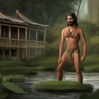 Bearded man in tribal attire by serene water and stilt huts