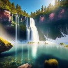 Tranquil waterfall flowing into blue lake amidst lush cliffs