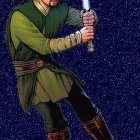 Male character in green tunic with blue lightsaber in starry setting