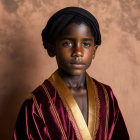 Deep Skin Tone Individual in Maroon Hat and Robe with Gold Lining on Warm Background