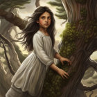 Young girl with long dark hair in pale dress among trees