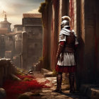 Roman soldier in traditional armor amid ancient ruins, overlooking distant city with red path.