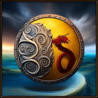 Red Dragon and Silver Swirls on Round Shield Against Stormy Sky and Ocean