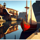 Fantasy port city with multi-tiered stone buildings, sailing ships, and solitary figure.