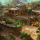 Ancient desert settlement with adobe houses, palm trees, and earthen pots.