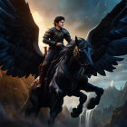 Winged horse rider in black leather outfit soaring over mountainous clouds