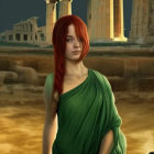 Digital artwork: Young woman in classical attire with wavy hair at ancient temple