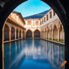 Tranquil courtyard with reflective pool and arched colonnades at dusk