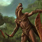 Digital artwork: humanoid reptilian creature in ornate armor, lush jungle setting