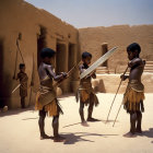 Kids in ancient Egyptian attire guard temple setting.