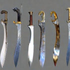 Eight ornate fantasy daggers with unique hilt designs and blade shapes on gray background