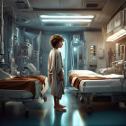 Child in futuristic hospital ward with medical equipment.