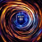 Blue police box in cosmic swirls: TARDIS-like time-travel imagery