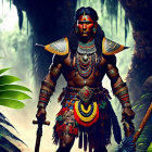 Warrior in Tribal Armor with Spear in Jungle Setting