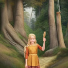 Young girl in golden dress with staff in sunlit forest