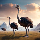 Stylized ostriches with human-like eyes and shoes on plain with mountains and clear sky