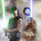 Jedi knights with green and blue lightsabers in cosmic setting