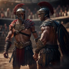 Gladiators in ornate armor face off in arena with crowd watching