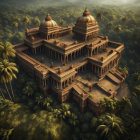 Ancient temple with twin domes in lush jungle at sunrise or sunset