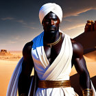 Man in White Turban and Robe with Golden Accessories in Desert Scene