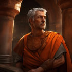 Aged man in Roman armor with grey hair and beard against stone backdrop