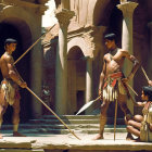 Ancient Egyptian individuals training with staffs among columns