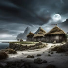 Thatched huts on desolate beach under full moon.