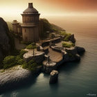 Stone castle on sea cliff with boat and sunset view