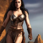 Warrior woman in desert-themed outfit with metallic accessories