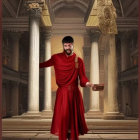 Figure in Red Cloak Stands in Classical Palace Setting