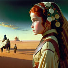 Red-Haired Girl in Celestial Accessories on Surreal Desert Landscape