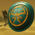 Round shield with golden dragon designs on turquoise background and wing-like protrusions