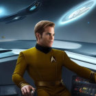 Futuristic digital artwork of man in yellow uniform in spaceship cockpit