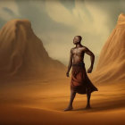 Man in draped clothing stands in desert under warm light