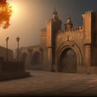 Ancient cityscape with grand archway and classical architecture at sunset