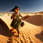 Young girl in green dress running on sand dunes under clear sky