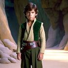 Young child in Jedi costume in desert landscape with rocks and clear sky