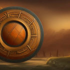 Ancient shield with central boss on misty, golden-hued backdrop