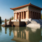 Ancient-style temple with ornate carvings reflected in tranquil lake