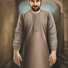 Traditional Attire Man with Beard Digital Painting and Arch Backdrop