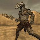 Ornate armored humanoid in desert setting with rock formations