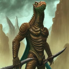 Reptilian humanoid warrior in ornate armor with spiked mace.