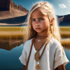 Blonde girl with blue eyes by serene lake and mountains