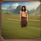 Man in lush green rice field with mountains and basket.