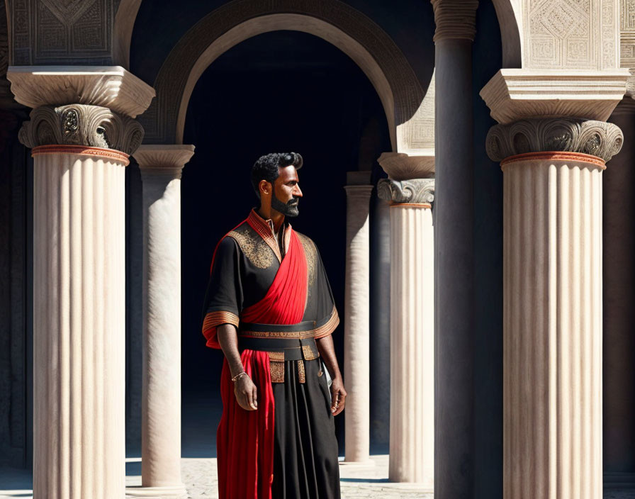 Ancient Roman man in traditional attire by columns.