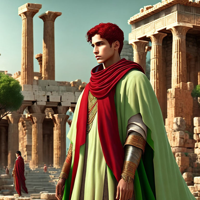 Digital artwork: Young man with red hair in green cloak, ancient Greek style, in front of classical