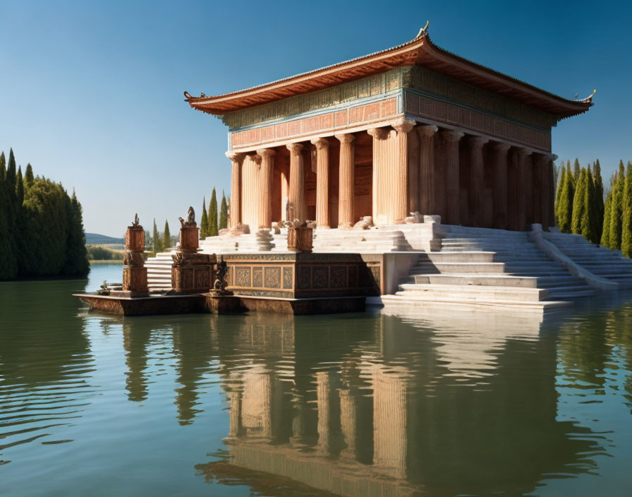 Asian-style Waterfront Building with White Steps and Greenery Under Blue Sky