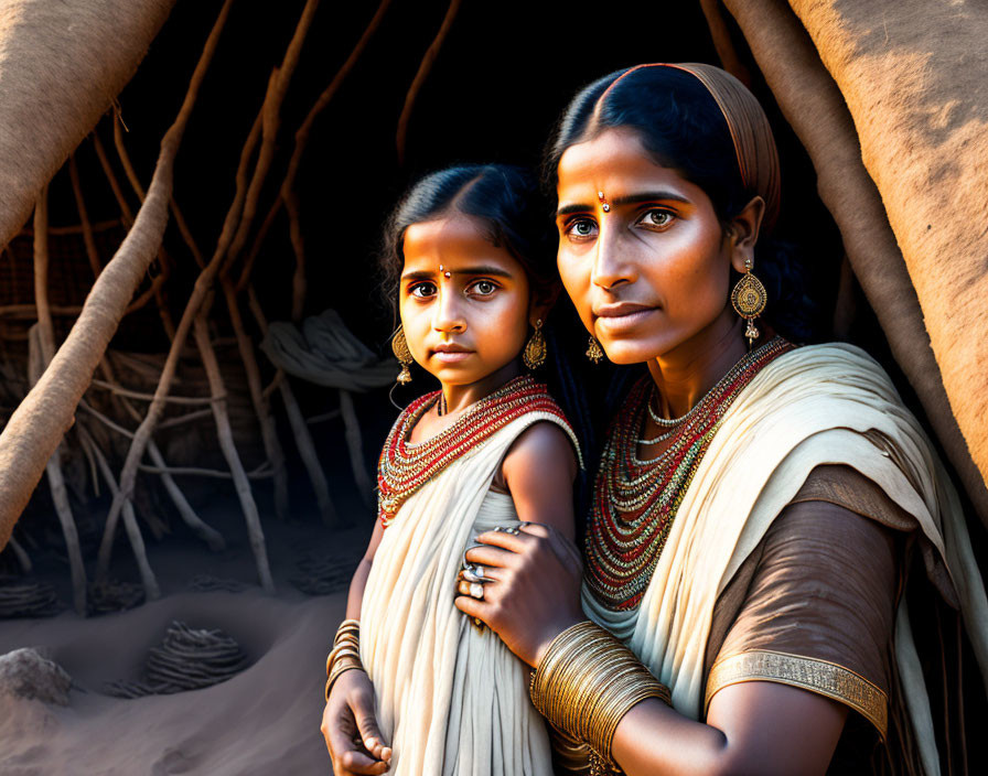 Traditional attired mother and child by tent-like structure.